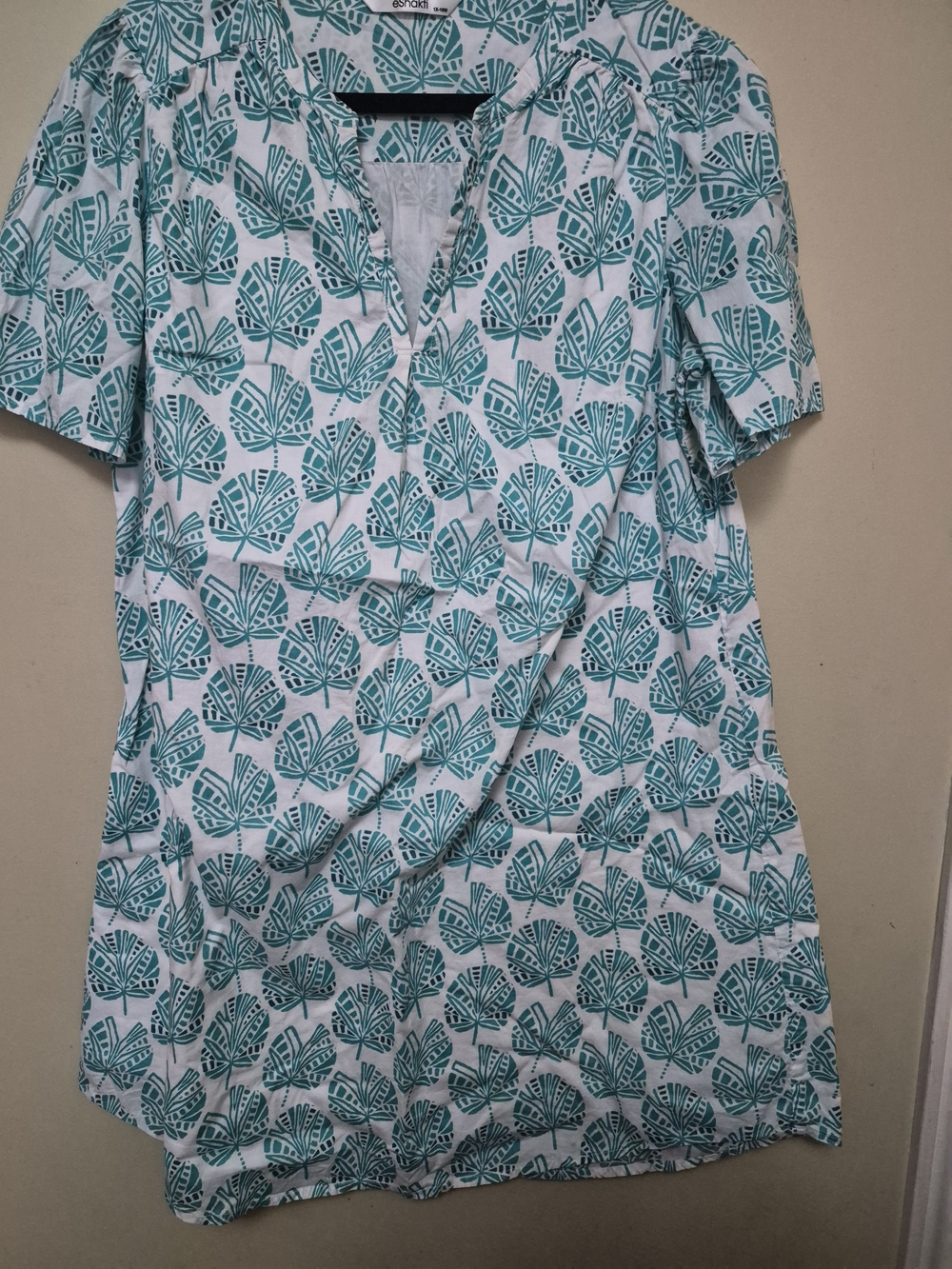 eshakti White Tunic with Teal Leaf Print